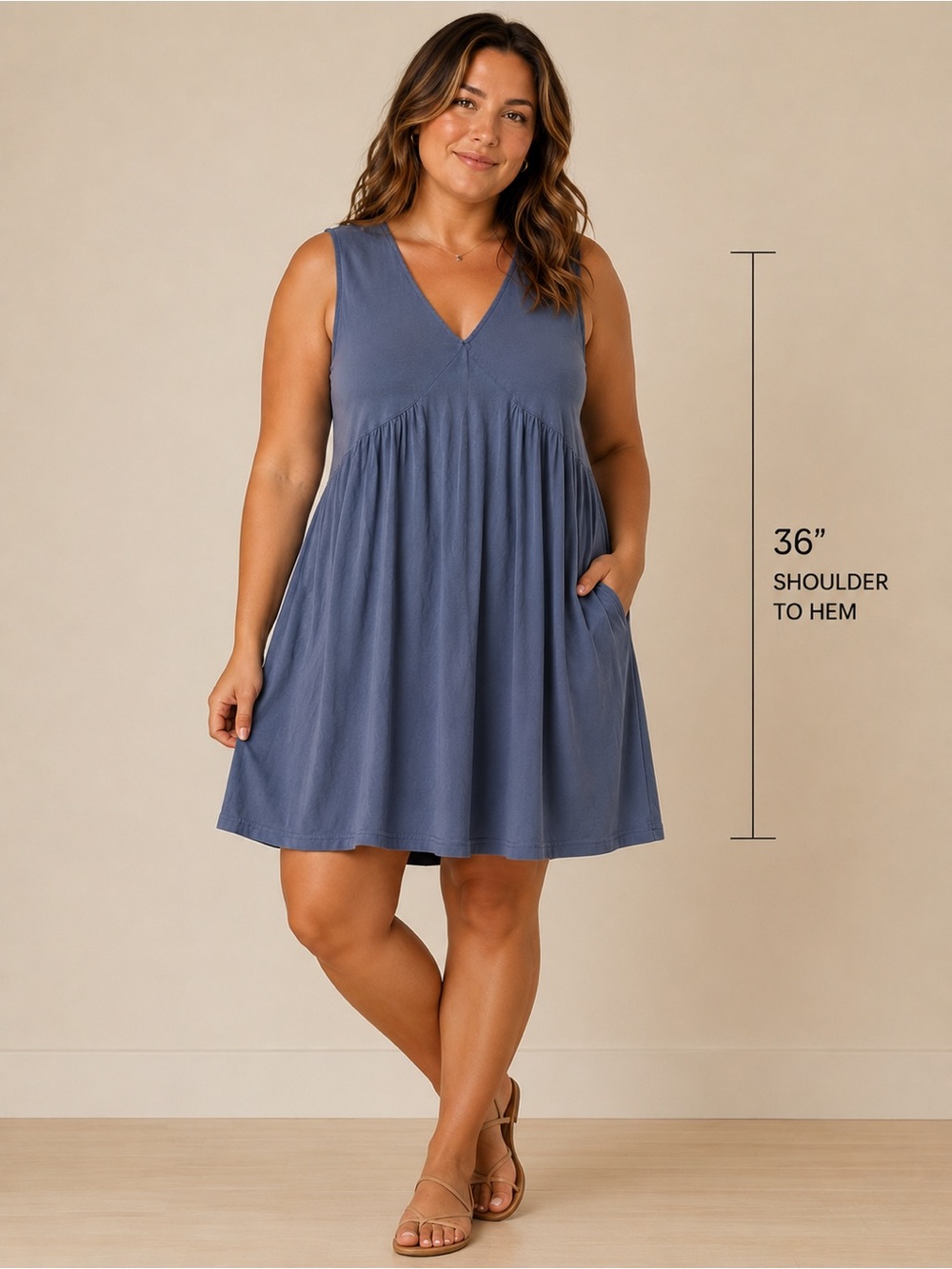Sleeveless V-Neck Swing Dress in Slate Blue 95%cotton